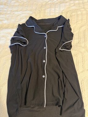 Black Button-Up Pajama Top with White Piping